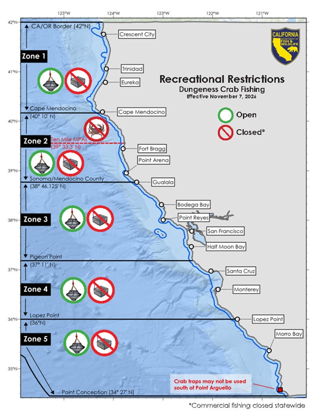 Offshore map of California coastline and Dungeness crab fishing restrictions.